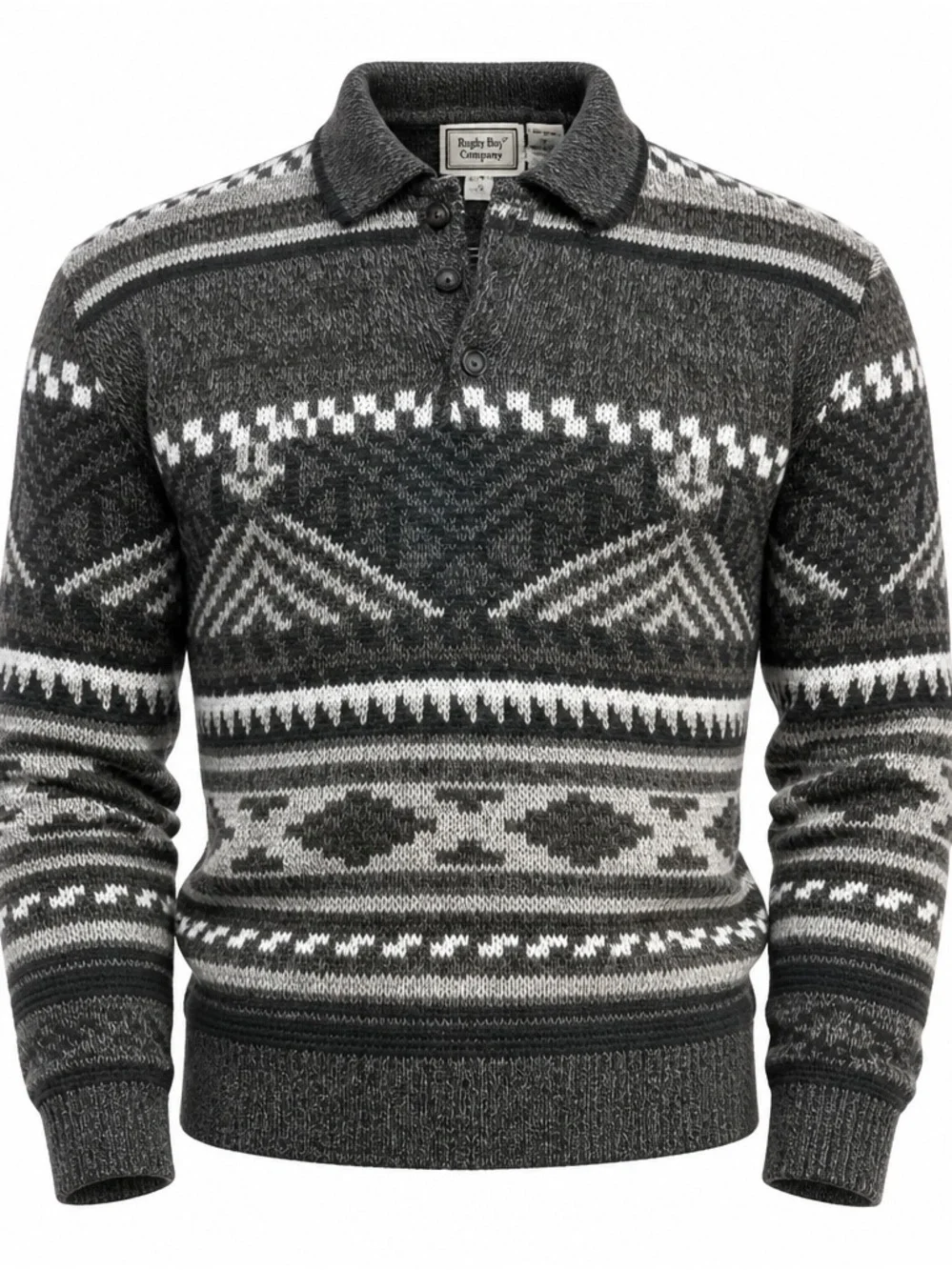 Vintage Bugle Boy Gray and White Patterned Knit Polo Sweater